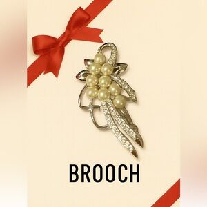 Simulated Pearls and Rhinestones Brooch Silver Bow Leaves 2 3/4x1x3/4